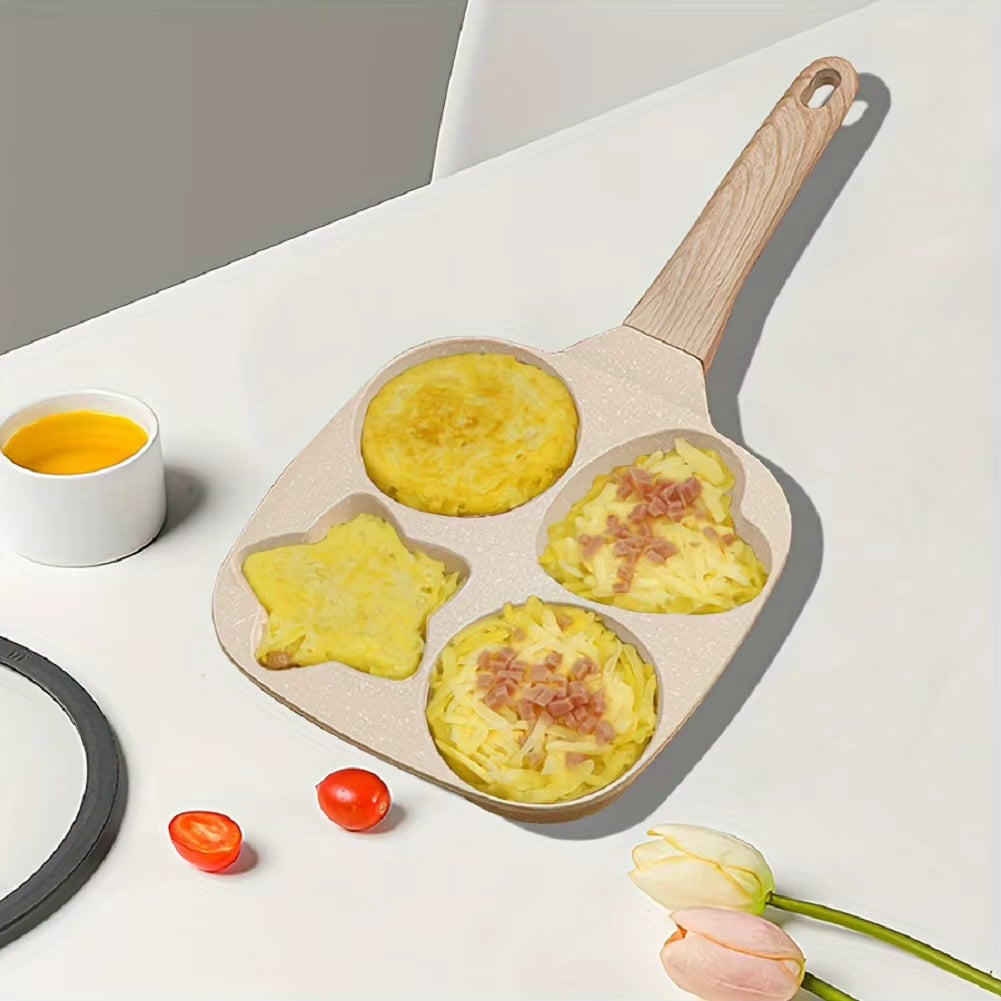 4 Hole Omelet Pan Egg Frying Pan Wooden Handle Fried Egg Pan Non-Stick Divided Egg Omelet Pan for Gas Stove and Induction Cooker