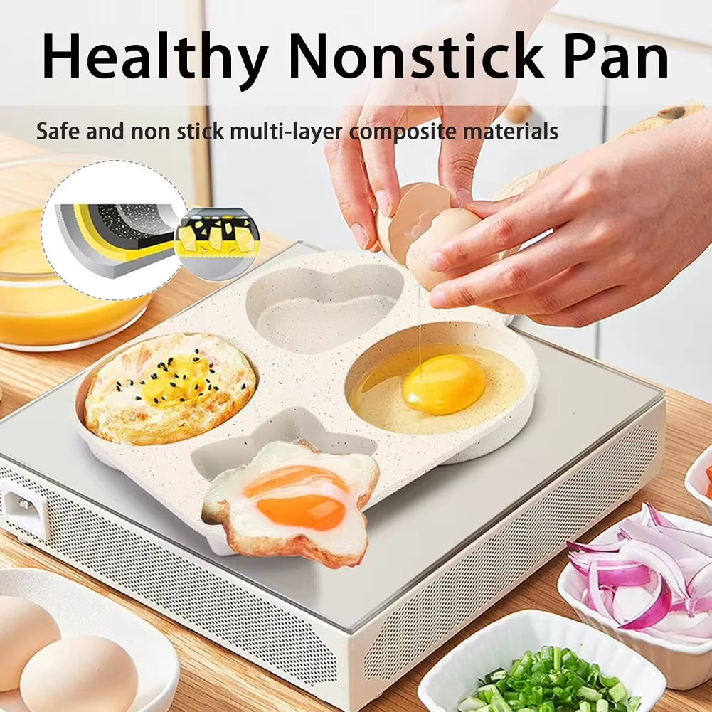 4 Hole Omelet Pan Egg Frying Pan Wooden Handle Fried Egg Pan Non-Stick Divided Egg Omelet Pan for Gas Stove and Induction Cooker
