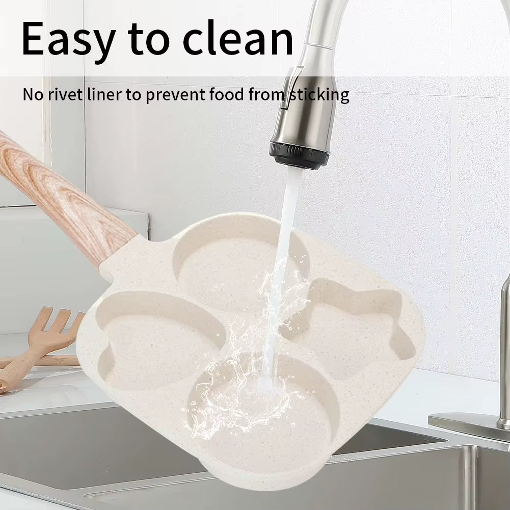 4 Hole Omelet Pan Egg Frying Pan Wooden Handle Fried Egg Pan Non-Stick Divided Egg Omelet Pan for Gas Stove and Induction Cooker