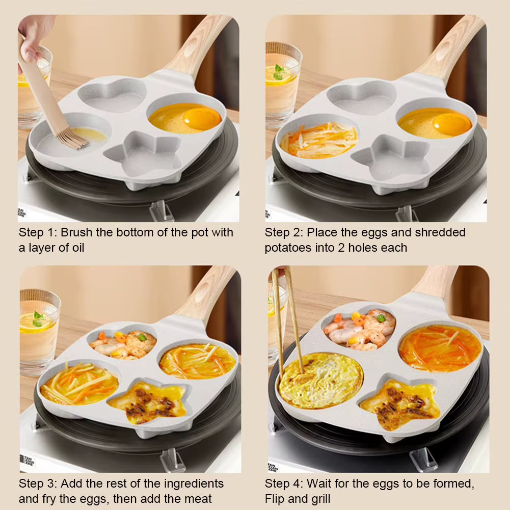 4 Hole Omelet Pan Egg Frying Pan Wooden Handle Fried Egg Pan Non-Stick Divided Egg Omelet Pan for Gas Stove and Induction Cooker