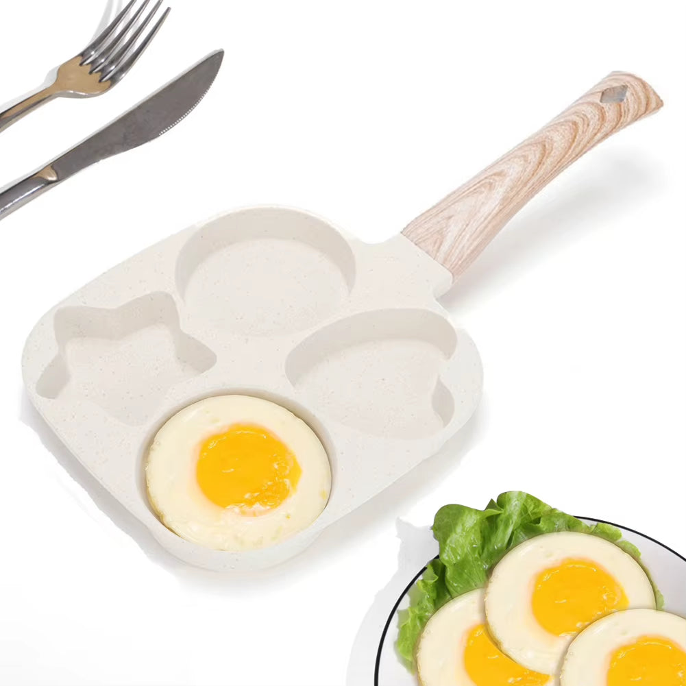 4 Hole Omelet Pan Egg Frying Pan Wooden Handle Fried Egg Pan Non-Stick Divided Egg Omelet Pan for Gas Stove and Induction Cooker